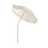 BUTLERS Sonnenschirm mit Fransen Ø180cm knickbar, Holzstange Ø 3,2cm und UV-Schutz 80 -Boho Lounge- Strandschirm aus Baumwolle | Sonnenschutz für Balkon, Garten, Terrasse und Strand