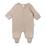 Hofbrucker Baby Schlafanzug aus 100% Bio Baumwolle, Kuschelig weicher Langarm Pyjama mit Füßen, Atmungsaktiver Newborn Strampler für Jungen und Mädchen in Größe 62/68 in Taupe