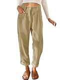 Cordhose Damen Casual High Waist Tapered Hose Baumwoll Gerades Bein Hosen Einfarbig Freizeithosen mit Taschen (Khaki, M)