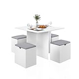 Mondeer Essgruppe, Esstisch mit 4 Hockern Weiches Kissen, Esstisch Set mit Stauraum, für Kleine Räume Esszimmer Küche, 80 x 80 x 75 cm, Weiß und Grau