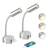ERWEY 2er LED Leselampe 12V Wohnmobil, Touch Dimmbar 3000K-6000K einstellbare Helligkeit, 360° Flexible Schwanenhals Bettlampe mit USB A+C-Anschlüssen für Boot Wohnwagen Innenbeleuchtung, Silber