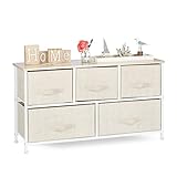 Relaxdays Regalsystem, 5 Stoff-Schubladen, universale Schubladenbox, Metall und Holz, HxBxT: 54,5 x 100 x 30 cm, beige, Design E