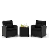 COSTWAY 3-TLG. Rattan Gartenmöbel Set, Balkonmöbel mit Kissen, 2 Stühlen und Tisch, Polyrattan Balkonset, Terrassenmöbel, Gartengarnitur, Sitzgruppe für Terrasse, Balkon, Garten (Schwarz)