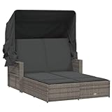 vidaXL Doppel Sonnenliege, Sonnenbett mit ausziehbarem Sonnendach, Doppelliege mit Verstellbarer Rückenlehne, Gartenmöbel Gartenliege, Grau Poly Rattan