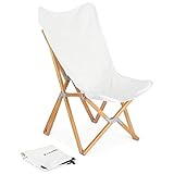 Navaris Holz Klappstuhl mit Leinen Sitzfläche - Outdoor Camping Loungestuhl inkl. Tragetasche - Liegestuhl Garten Lounge Sessel klappbar - Beige