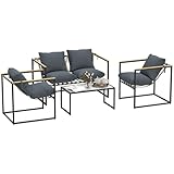 Outsunny Stahl Gartenmöbel Set 4 Personen wetterfest Balkonmöbel-Set mit 2er Sofa 2 Sessel, Sitzkissen, Beistelltisch, Outdoor Sitzgruppe Terrassenmöbel Gartengarnitur für Garten Terrasse Balkon Grau