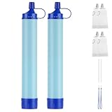 HOTUT Personal Wasserfilter Outdoor, 2 Stück Trinkwasserfilter mit Wasserbeutel und Karabiner, 0,01 μm Ultrafeinfilter entfernt 99,99% Bakterien Trinkwasseraufbereitung für Notfall, Survival, Outdoor