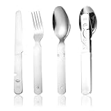 Edelstahl Campingbesteck 4-teilig, Klassisches Bundeswehr Essbesteck Set, Praktischem Outdoor Reisebesteck, Zusammensteckbar, mit Messer, Gabel, Löffel und Dosenöffner