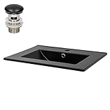 LuxeBath Waschbecken Keramik Schwarz 615x470x175 mm eckig mit Ablaufgarnitur Schwarz, Einbauwaschbecken mit Hahnloch/Überlauf Aufsatzwaschbecken Einbauwaschtisch Waschschale Waschplatz Handwaschbecken