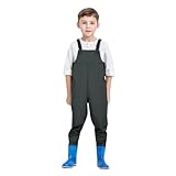 Wathose Kinder mit Stiefel Wasserdicht Kinderwathose Matschhose Jungen Anglerhose mit Stiefel Mädchen Regenhose mit Stiefeln Junior Hosenträger Matschhose Regenstiefel Rutschfeste Sohle Gummistiefel