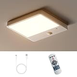 LED Akku Lampe mit Bewegungsmelder, Kabellos Deckenlampe ohne Stromanschluss, 3 Farbtemperaturen, Dimmbar mit Fernbedienung, Aufladbare Batteriebetriebene Deckenleuchte für Flur/Badezimmer/Keller