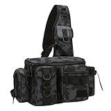 Dokeno Sling Angeltasche, Umhängetasche zum Angeln, Schwarz Tasche Wasserdicht für Angelzubehör, Angelausrüstung, Verschleißfest Crossbody Bag für Outdoor Wandern Angeln Camping Jagd
