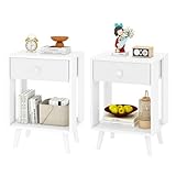 YMYNY Nachttisch 2er Set, Beistelltisch, Nachtkommode, Stoff-Schubladen und offenes Fach, Massivholz Beinen, Modern, Einfacher Aufbau, für Schlafzimmer Wohnzimmer, Weiß HST012W-2