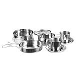 Mil-Tec Camping Koch‑Set Edelstahl • Edelstahl Outdoor Kochgeschirr • Kompakt & stapelbar • Ausklappbare Griffe • Deckel als Teller