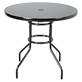 The Fellie Gartentisch Outdoor Esstisch mit Sonnenschirmloch Balkontisch mit Gehärtete Glasplatte & Metallrahmen, Runder- Couchtisch, 80 x 72cm Beistelltisch für Garten, Rasen (Schwarz)