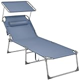 SONGMICS Große Sonnenliege, klappbarer Liegestuhl, 71 x 200 x 38 cm, Belastbarkeit 150 kg, mit Sonnenschutz, Kopfstütze und Verstellbarer Rückenlehne, für Garten Pool Terrasse, blau GCB022Q01