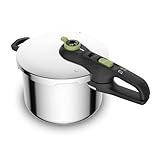 Tefal Secure Trendy Schnellkochtopf induktion 6l, 2-Stufen-Garregler: Intensivstufe 117°C, Schonstufe 112°C, Induktions-Kapselboden, für alle Herdarten, Edelstahl/Schwarz/Grün, P2580703