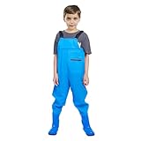 VicBre Kinder-Wathose für Jungen und Mädchen, Reißverschlusstasche,Verstellbare Träger,Rückenschnalle Design,Wasserdichte Regenhose mit Stiefeln, Wathose für Jugendliche,Blau,33