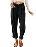 PASUDA Hose Damen Cordhose Weites Bein Freizeithose Elastisch Hohe Taille Geradem Hosen Damen Elegant Lockere Bequeme Stoffhose Retrostil Loose Herbst Winter Hose(Schwarz,M)