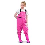 VicBre Kinder-Wathose für Jungen und Mädchen, Reißverschlusstasche,Verstellbare Träger,Rückenschnalle Design,Wasserdichte Regenhose mit Stiefeln, Wathose für Jugendliche,Rosa,34