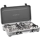 BRUNNER: Tisch Camping-Kocher 2-flammig Edelstahl Gasgrill & Gaskocher - KOOKMASTER 50mbar - mit Gasregler + Gaschlauch 1 Meter für Wohnwagen, Wohnmobil, Boot
