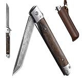 BEEK Taschenmesser Klappmesser Holzgriff, 3Cr13 Scharf Edelstahl mit Damast Optik, Outdoor Messer mit Kunstleder Scheide, EDC Messer, Pocket Folding Knife, Männer Geschenk