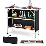 KOMFOTTEU Campingküche mit 3 Ebenen Stauraum, Campingschrank Klappbar mit Tragetasche, Picknicktisch faltbar aus Aluminium, Klapptisch für Picknick, BBQ, Party (Holzmaserung)