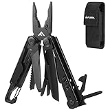 FLISSA Multifunktionszange 15-in-1 Faltbar Multitool Werkzeug Edelstahl Multifunktionswerkzeug mit Karabiner Messer Schere Säge Feile Ideal für Wandern Angeln Reparieren mit Tragtasche Schwarz