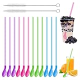 12 Stück Trinkhalme Löffel,2 in 1 Löffel-Strohhalme,Wiederverwendbare Plastik Strohhalme Löffel mit 2 Reinigungsbürsten,Latte Macchiato Löffel,Löffelstrohhalme Für Latte Milchshakes Cocktail