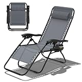 Sonnenliege,Liegestuhl Klappbar,Gartenliege,Tragbare Gartenstuhl mit Kopfkissen,Becherhalter,Verstellbarer Rückenlehne,150 kg belastbar,Tragbare Relaxliege,Klappstuhl für Outdoor Garten Terrasse,Grau