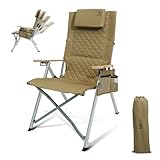 ARURU Campingstuhl Stuhl,Gartenstuhl Hochlehner Rückenverstellbar 4 Positionen Klappstühle Handlauf aus Holz Gepolstert mit Seitentasche Angelstuhl Outdoor Für Camp Garten Balkon （Kaki）