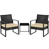 Yaheetech Balkonmöbel Set, Gartenmöbel-Set aus PE-Polyrattan Wetterfest inkl. 2 Stühle mit Sitzkissen & Tisch, 3Teilig Terrassenmöbel Sitzgruppe Lounge Set für Balkon/Terrasse/Garten, Schwarz-Khaki