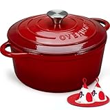 Overmont Schmortopf Gusseisen Topf 26cm - Emaille Bräter mit Deckel backofengeeignet - mit Kochbuch - für Küche Backen Schmoren Braten Rot