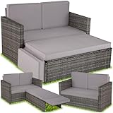 tectake Sofa Set - 2 Sitzer Sessel mit Hocker und Schlaffunktion, kleine Rattan Couch als Outdoor Gartenmöbel, wetterfest für Lounge, Balkon und Garten, klappbar mit Polstern