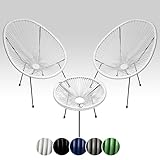 sunnypillow 2er Set Acapulco Gartenstühle mit Tisch - Loungesessel für Wohnzimmer, Terrasse, Garten, Balkon Sessel Stuhl - Korbsessel Gartensessel im Retro Design - Outdoor/Indoor - Weiß