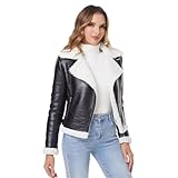 DIASHINY Frauen Faux Scheren Pelz Wintermantel Warme Dicke Pelz Gefütterte Kunstlederjacke (039 Schwarz-Weiß,S)
