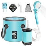 Kazaigou Tragbare Campingdusche, 6000mAh Camping Dusche Akku mit Pumpe, Outdoor Mobile Duschen mit Temperaturanzeige und Klappbarer Eimer für Camping Reisen Garten Wandern Autowaschen