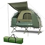 GOPLUS Feldbett mit Zelt für 1 Personen, 5 in 1 Campingzelt wasserdicht mit Sonnenschutz, Luftmatratze, Kissen, Schlafsack & Tragetasche, Campingliege Campingbett zum Wandern und Picknick