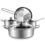 Tieplis Edelstahl Kochtopfset, 7-Teilig Topfset mit Glasdeckeln und Kühlbleibender Griff, Kochtopf für alle Herdarten & Backofenfest, Topf Ungiftig Unbeschichtet (Silber)
