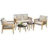 GIANTEX Gartenlounge Outdoor Möbelsets, 5-teiliges Rattan Gartenmöbel Set mit Akazienholzrahmen, Sitzgruppe für 4 Personen mit Sitzkissen, Balkonmöbel Kleiner Balkon, Terrassenmöbel Sitzgarnitur