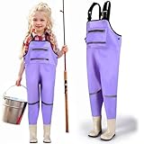 JONRRYIN Kinderwathose, Jugendliche Kinder Brust Wathose, Wathose Anglerhose kinder mit Brusttasche und Verstellbarer Riemen, Kinder Angeln Wathose Stiefel Wasserdichte Rutschfest (Lila, 29)