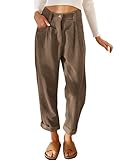 Cordhose Damen Casual High Waist Tapered Hose Baumwoll Gerades Bein Hosen Einfarbig Freizeithosen mit Taschen (Braun, L)