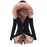EMATOP Wintermantel Frauen Warme Winter Jacke Lange Mäntel Einfarbig Winterjacke mit Kapuze Windbreaker Gefüttert Teddyfell Dicker Fleecejacke Mode Outdoorjacke Slim fit Winterparka