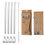 Stainless Steel Reusable Straws, Drinking Straws with Tea Filter Spoon, 4 Curved Metal Straws and 1 brushes, Length 18cm