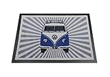 BRISA VW Collection - Volkswagen Fuß-Matte-Tür-Vorleger-Schuh-Schmutzfang-Abstreifer mit T1 Bulli Bus Motiv (Samba/Streifen/Blau)