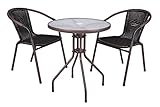Nexos Bistroset – 1 Glastisch & 2 Stühle – Stahlgestell Poly-Rattan Glasplatte – stapelbar – Farbe: dunkel-braun