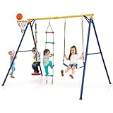 COSTWAY Schaukelgestell mit elastischer Schaukel, Tellerschaukel, Kletterleiter & Basketballkorb, 4-in-1-Schaukelset für Kinder, Schaukelgerüst für Outdoor
