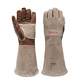 AOUCHI Grillhandschuhe und Schweißhandschuhe aus Rindsleder, langärmelig, feuerfeste und hitzebeständige Kaminhandschuhe für Grill, Schweißen Tig Mig, Kamin, Ofen, Backen, Herd, Topflappen (groß)