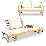 GIANTEX Liegesofa mit klappbaren Seitenlehnen, Gartenbank Sitzbank mit Auflagen, Sonnenliege Gartenliege aus Akazienholz, Multifunktionsbank Balkonbank Parkbank Gartenmöbel (Beige+Natur)