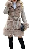 Giolshon Damen Langer Pelzjacke aus Kunstwollmischung mit Gürtel Gepolsterter Bubble Parka Mantel Isolierte Sherpa Fleece Oberbekleidung 241A Khaki L